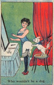Comic Humor Dog Tighten the corset of Sexy Woman Who Wouldn't be a Dog p...