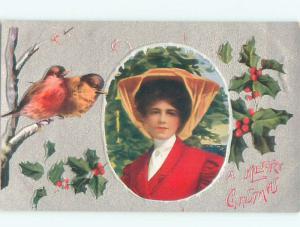 Pre-Linen Christmas CUTE BIRDS WITH PRETTY WOMAN IN BIG HAT AB5431