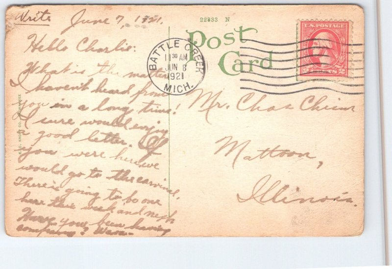 Monument Square Battle Creek Michigan 1921 Postcard Clock Tower Auto