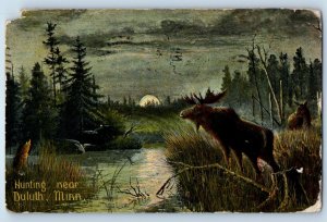 1909 Hunting Near Duluth Minnesota MN Deer Scene Full Moon Antique Postcard