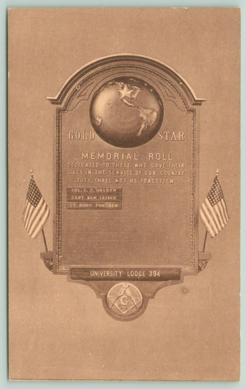 Dwight IL~Frankfort Crafts Co~Gold Star Memorial Roll~Globe~Masonic Lodge~1940s 