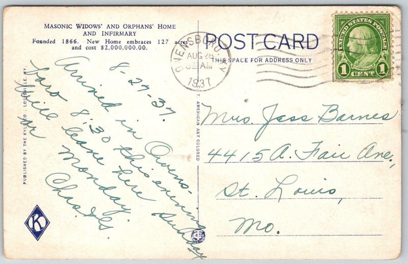 Louisville Kentucky 1937 Postcard Masonic Widows And Orphans Home