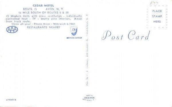Cedar Motel Avon, New York Postcard