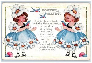 c1910's Easter Greetings Girls Dress Flowers Song Birds Embossed Posted Postcard