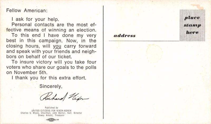 RICHARD NIXON PLAYING PIANO WITH WIFE & CHILDREN  CAMPAIGN POSTCARD c1968