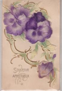 Very very embossed violet purple material flowers fantasy greetings postcard