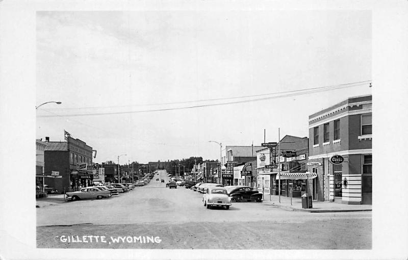 Gillette WY Street Storefronts Fiesta Movie Theatre Old Cars RPPC