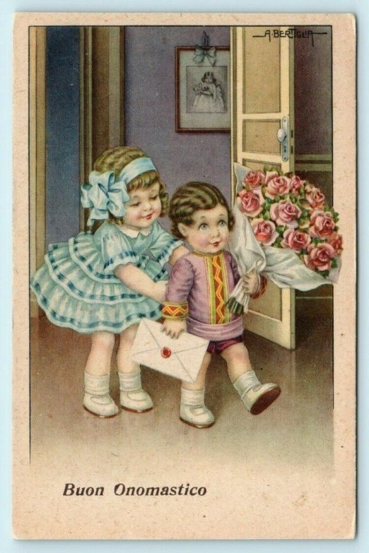 BERTIGLIA Artist Signed BUON ONOMASTICO Happy Name Day Children  Postcard