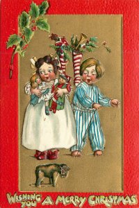 Embossed Tuck Crimson & Gold Christmas Postcard 501 Children, Toy Bear, Dolls