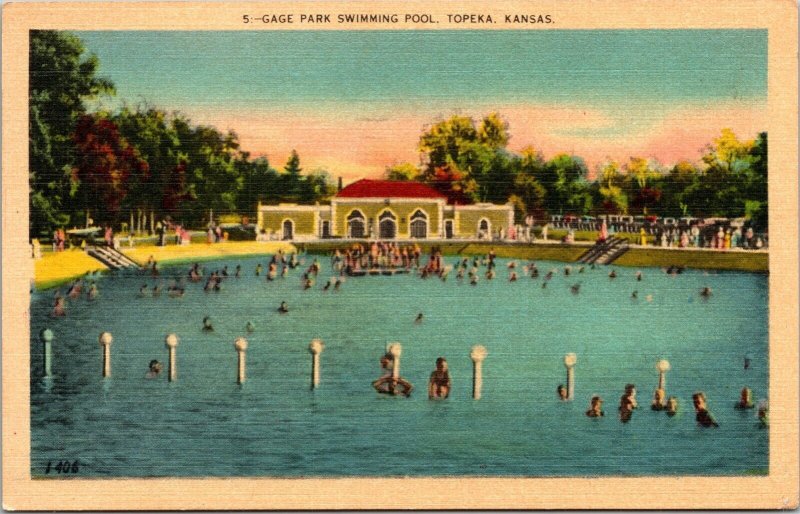 Gage Park Swimming Pool Topeka Kansas KS Linen Postcard PM Cancel WOB Note  