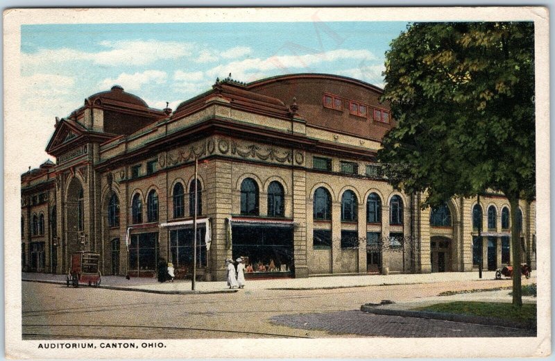 c1910s Canton OH Auditorium Street View Roadside Women Early Touring Car PC A204