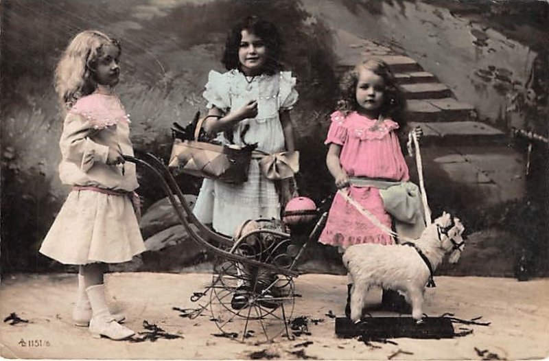 3 Girls with toy carriage Child, People Photo Unused 