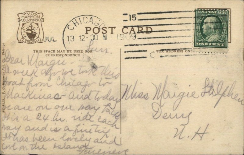 Great Lakes Steamer Steamship Manitou 1909 Chicago Cancel Postcard