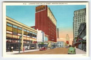 4th Street Old Cars Hotel Winston-Salem North Carolina Linen Postcard Unused