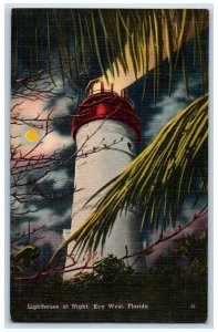 Key West Florida FL Postcard View Of Lighthouse At Night Scene c1930's Vintage