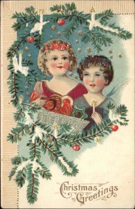 Christmas Little Girl Angels with Candles Real Silk Clothing c1910 Postcard