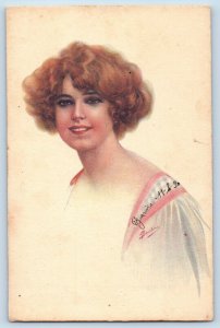 Artist Signed Postcard Pretty Woman Short Curly Hair Italy 1920 Posted Antique
