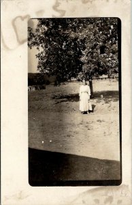 RPPC Young Woman Posing With Large Tree on Farm Real Photo c1910 Postcard T19