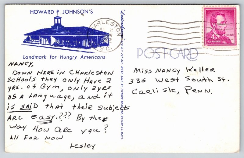 Charleston SC~Air View Howard Johnson's Restaurant~Vintage Postcard