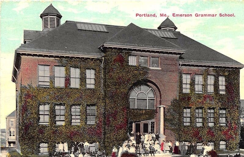 Portland ME Emerson Grammar School with Pupils Postcard