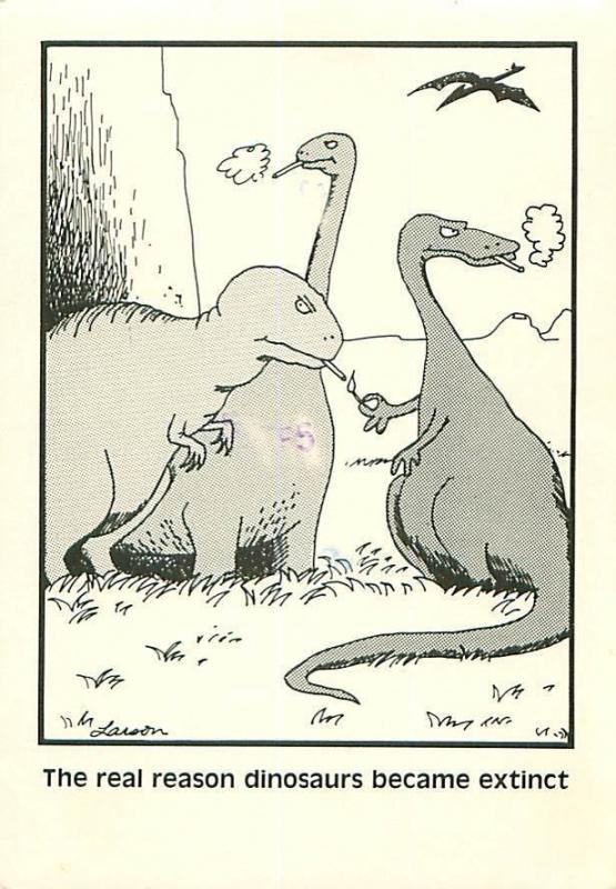 Comic smoking Dinosaurs Far Side by Gary Larson 1982 Chronic   Postcard  # 7984