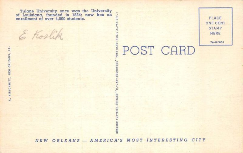 New Orleans Louisiana Tulane University Linen Vintage Postcard AA62864