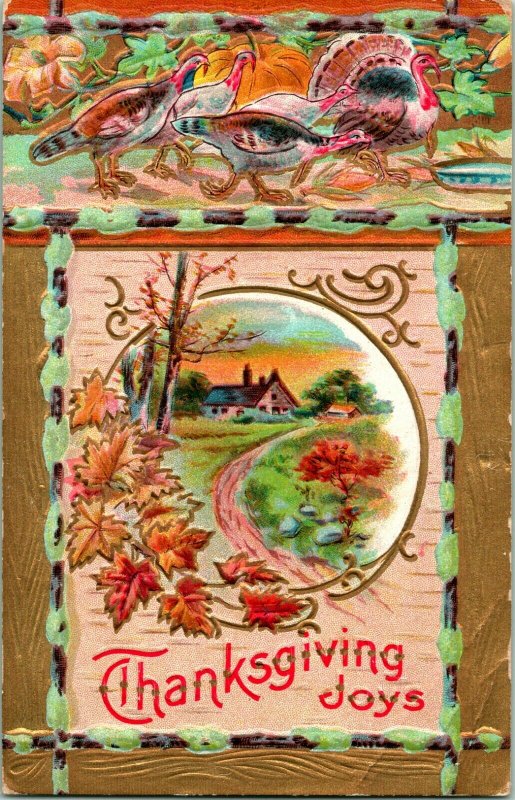 Vtg Carte Postale - Thanksgiving Joys Dindes Doré & en Relief Unp