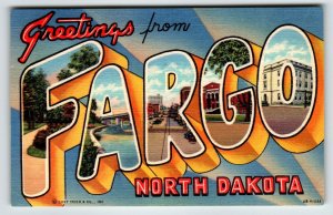 Greetings From Fargo North Dakota Large Big Letter Linen Postcard Curt Teich