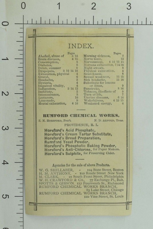 1870's-80's Horsford's Acid Phosphate Quack Medicine Index On Back P104