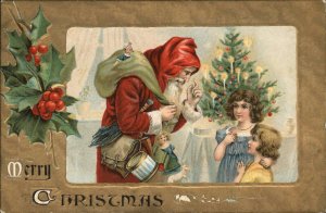 Christmas Children with Santa Claus Red Cloak c1910 Vintage Postcard