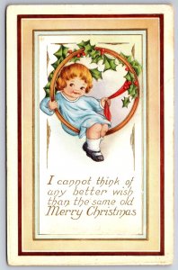 Christmas~Lil Girl Swings In Gold Ring~Holly Berry~Embossed~Whitney Made