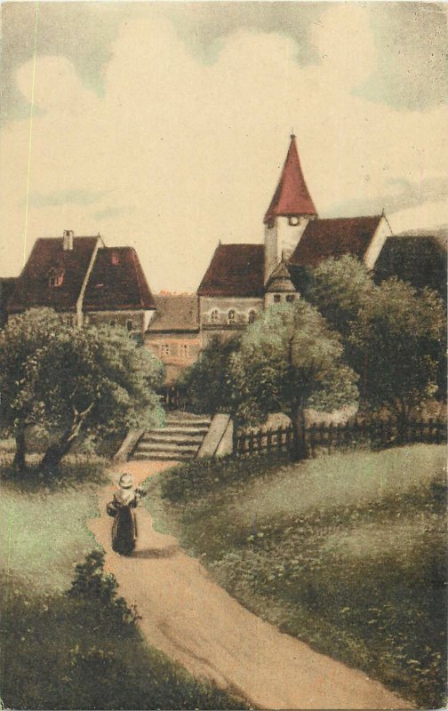 Postcard romantic love woman with basket flowers village tower church drawing