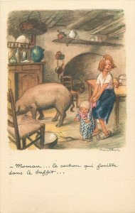 French illustrator Poulbot pig caricature National League against Slums postcard