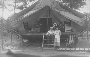 J10/ Interesting RPPC Postcard c1910 Camping Platform Tent Pet Dog 143