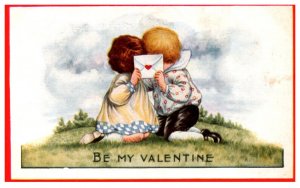 Valentine   Children Kissing behind envelope