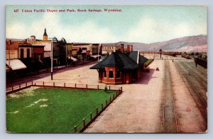 K6/ Rock Springs Wyoming Postcard c1910 Union Pacific Railroad Depot Park  218