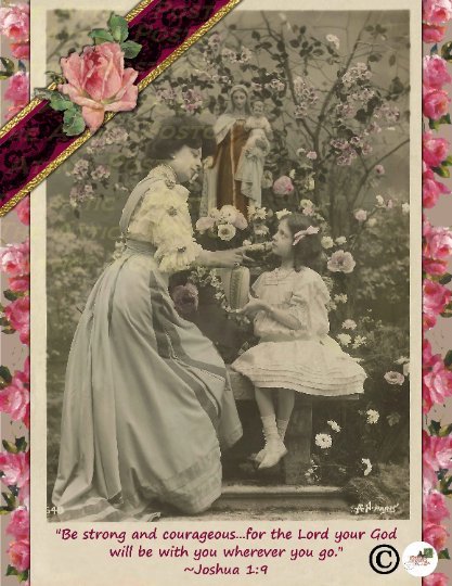 Postcard Set of 6, Bible Verse, Joshua 1:9 French Lady and Daughter in Garden