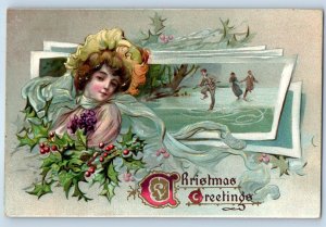 c1910's Christmas Greetings Pretty Woman Ice Skating Holly Berries Tuck Postcard