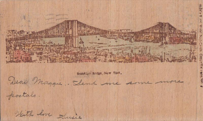 United States New York City Wooden Novelty Postcard Brooklyn Bridge 1905