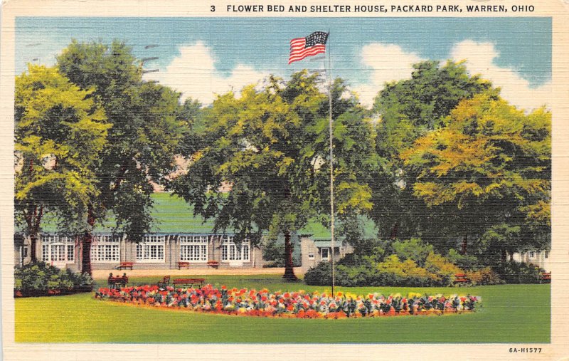 Warren Ohio 1938 Postcard Flower Bed and Shelter House Packard Park