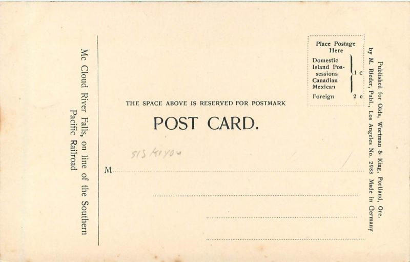 c1907 Chromograph Postcard; McCloud River Falls CA on SPRR Siskiyou County