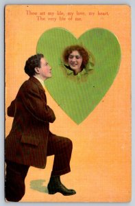 Man Proposing To Woman In Heart, Antique 1910 Greetings Postcard