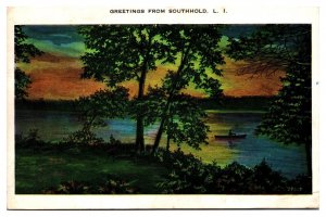 Vintage Greetings from Southhold, Lake Scene, Boat, Long Island, NY Postcard