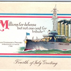 c1910s 4th of July Greeting Battleship Chas. Cotesworth Pinckney 1796 Quote A84