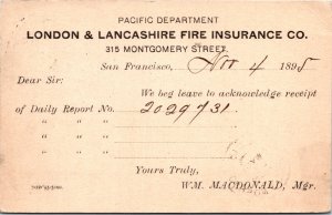 Postal Card CA San Francisco London & Lancashire Fire Insurance Co. 1895 V196