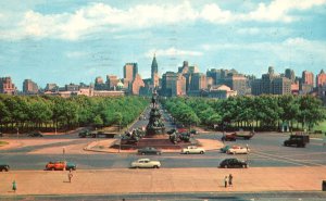 Postcard 1957 Skyline From Art Museum George Washington Statue Philadelpia Penna