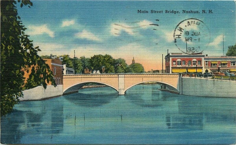 NASHUA NH MAIN STREET BRIDGE POSTCARD c1950s