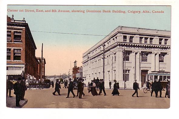 People at Corner of 1st and 8th, Dominion Bank, Trolley, Bicycle, Calgary, Al...