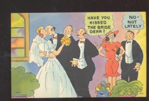 WEDDING COUPLE KISSING THE BRIDE VINTAGE COMIC POSTCARD HAVERHILL MASS.