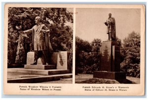 Warsaw Poland Postcard Statue of Woodraw Wilson and Edward House c1930's